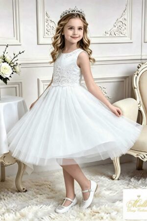 Vestido Niña Ceremonial Blanco de Tul y Tul Brusela Bordado (100% Algodón en Interior)
